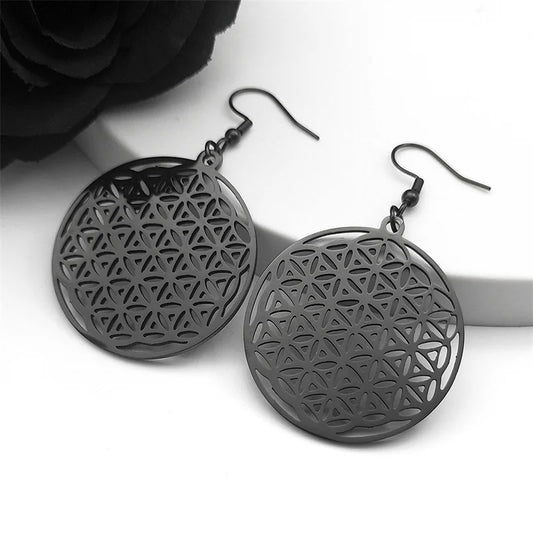 Flower of Life Stainless Steel Mandala Metatron Hoop Earrings for Women Sacred Round Long Black Dangle Earrings Jewerly  E450