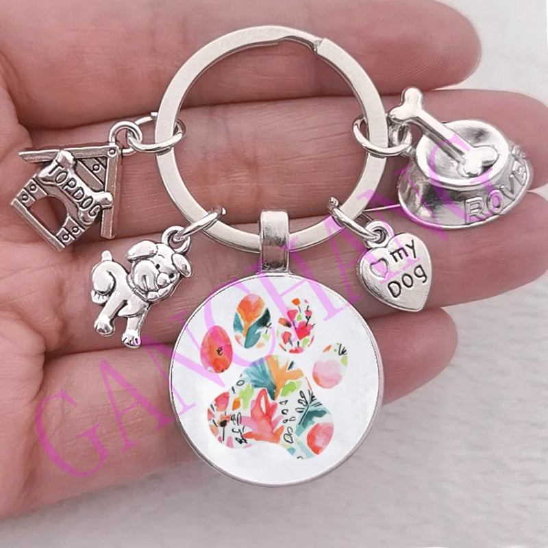 Cute Pet Dog Keychain Paw Dog Glass Cabochon KeyRing Top dog house Charms Keychains I Love my dog pendant keychain Gifts