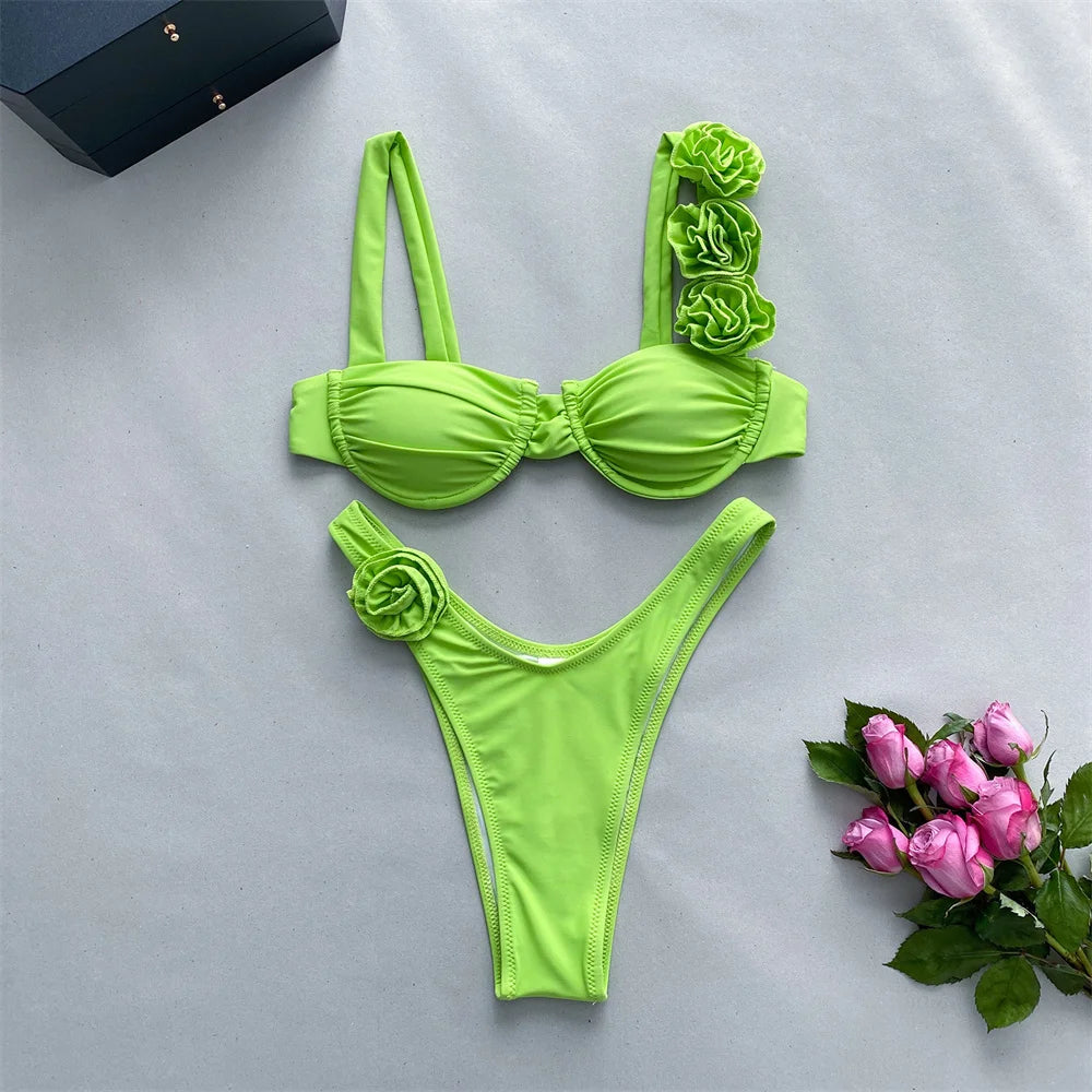 Para Praia 2024 Sexy Swimwear 3D Flower Pleated Bandeau Bikini Set Women Swimsuit Brazilian Biquini Floral Bathing Suit
