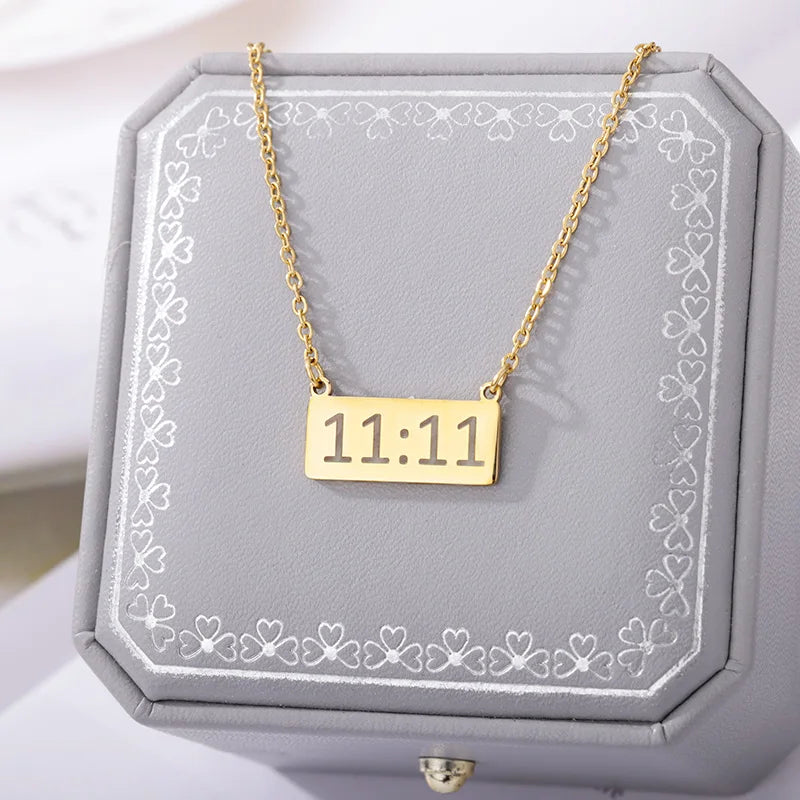11:11 Rectangle Pendant Necklace for Women Chain Lucky Meaningful Angel Number 1111 Choker Stainless Steel Jewerly Collares