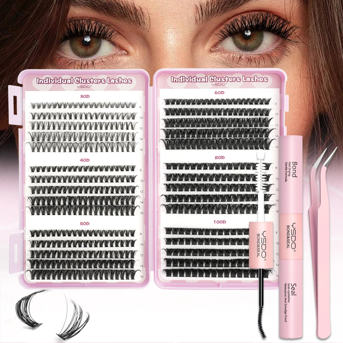 Individual Lashes C/D Curl DIY False Eyelashes Makeup Lash Clusters Set Eyelash Extension Kit Lashes Bond and Seal Make Up Tool