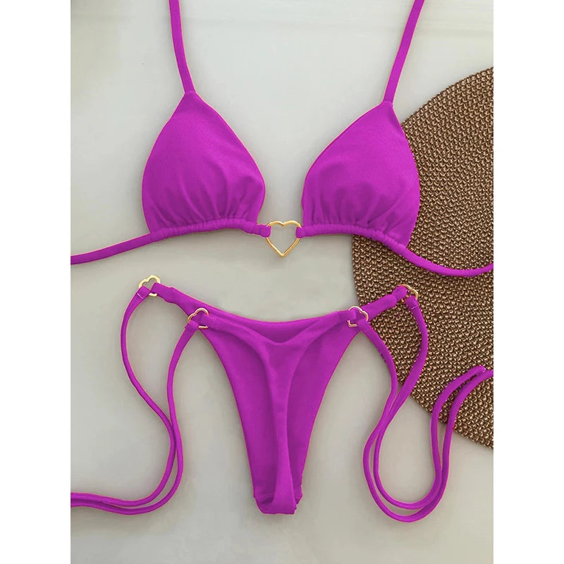 OIINAA Bathing Suit Women Sexy Solid Swimsuit Heart Metal Ring Bikini Set Drawstring Two-piece Beach Wear Lace Up Split Biquinis