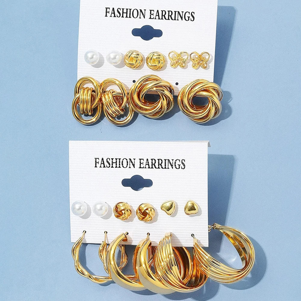 12 Piece Set Women Fashion Personality Versatile Simple Retro Gold Butterfly Love Heart Earrings Inlaid Pearl Earrings