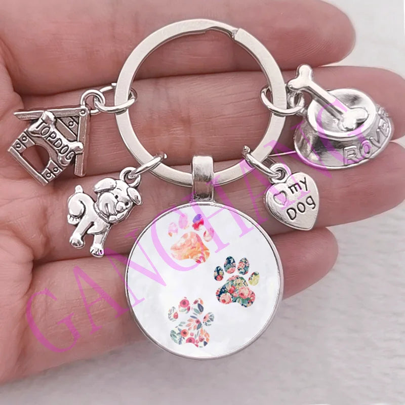 Cute Pet Dog Keychain Paw Dog Glass Cabochon KeyRing Top dog house Charms Keychains I Love my dog pendant keychain Gifts