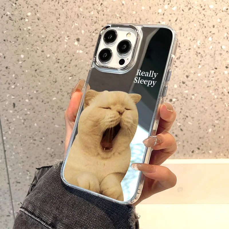 Cute Cat Pattern Mirror Phone Case For iPhone 14 Pro Max 16 15 12 13 11 XR XS Max Case Make up Mirror Hard Back Cover Bumper Bag