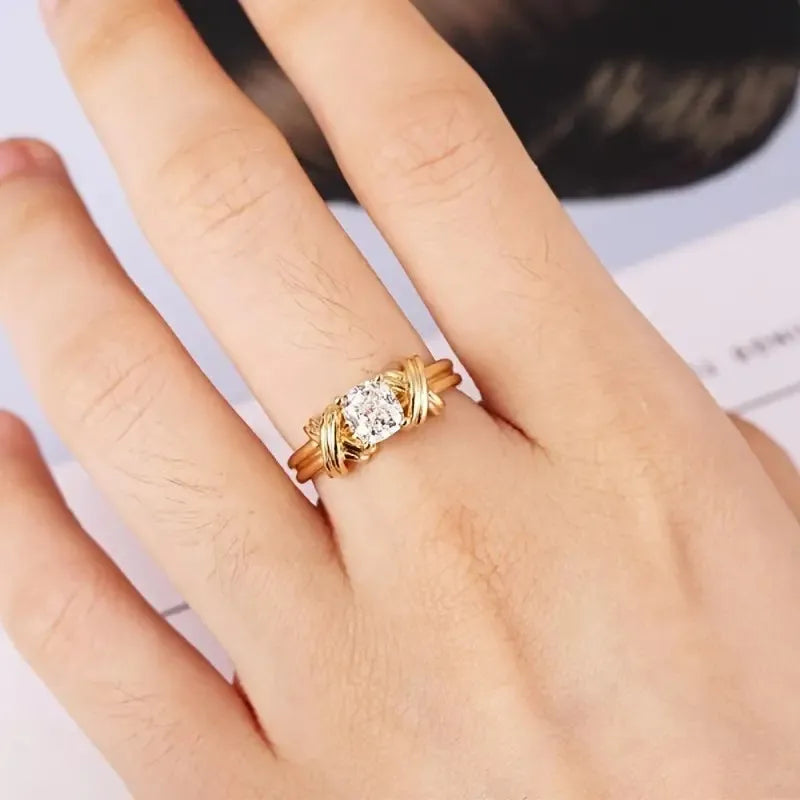 Huitan New Modern Fashion Design Women Rings with Round/Cushion Cubic Zircon Cross Shape Statement Wedding Bands Female Jewelry