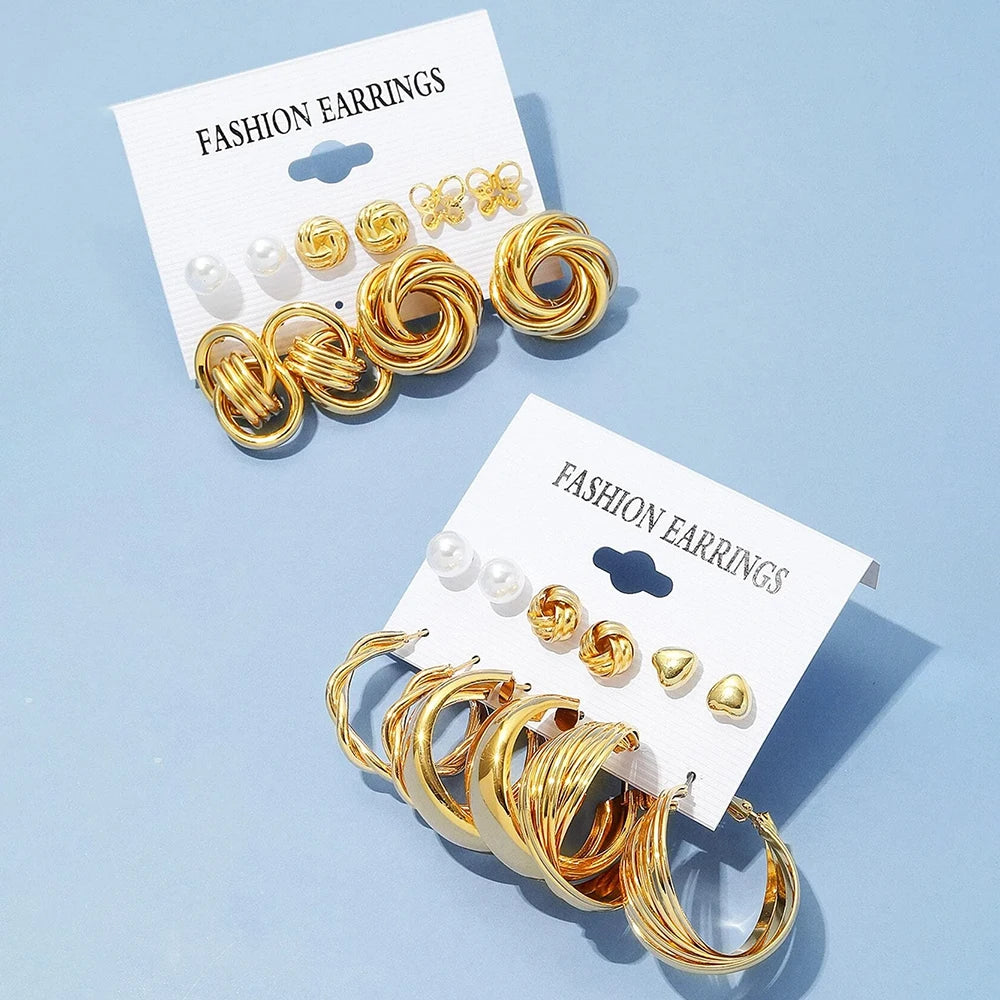 12 Piece Set Women Fashion Personality Versatile Simple Retro Gold Butterfly Love Heart Earrings Inlaid Pearl Earrings