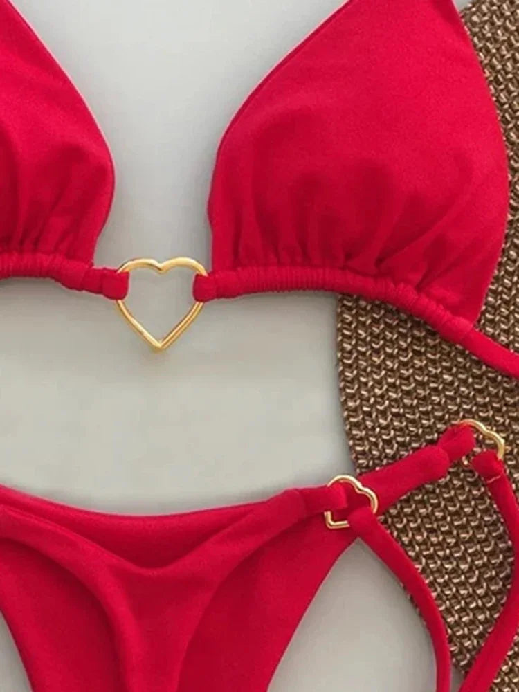 OIINAA Bathing Suit Women Sexy Solid Swimsuit Heart Metal Ring Bikini Set Drawstring Two-piece Beach Wear Lace Up Split Biquinis