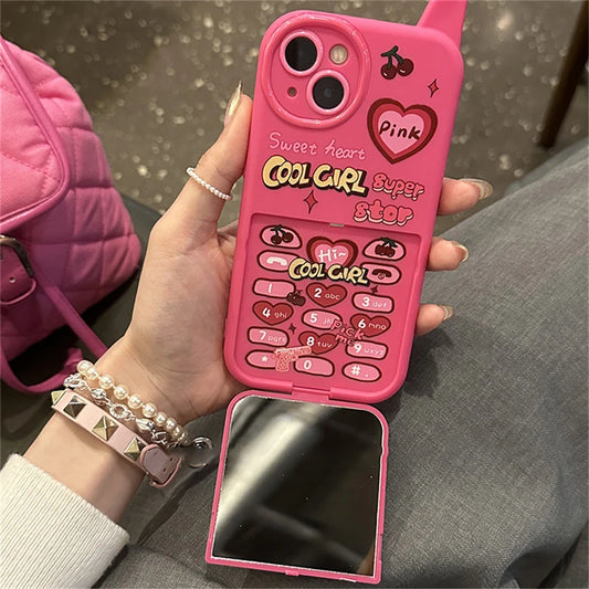 Ins Korean Retro Y2k Cherry Heart 3D Pink Make Up Mirror Case For iPhone 16 15 14 13 12 11 Pro Max Plain Shockproof Soft Cover