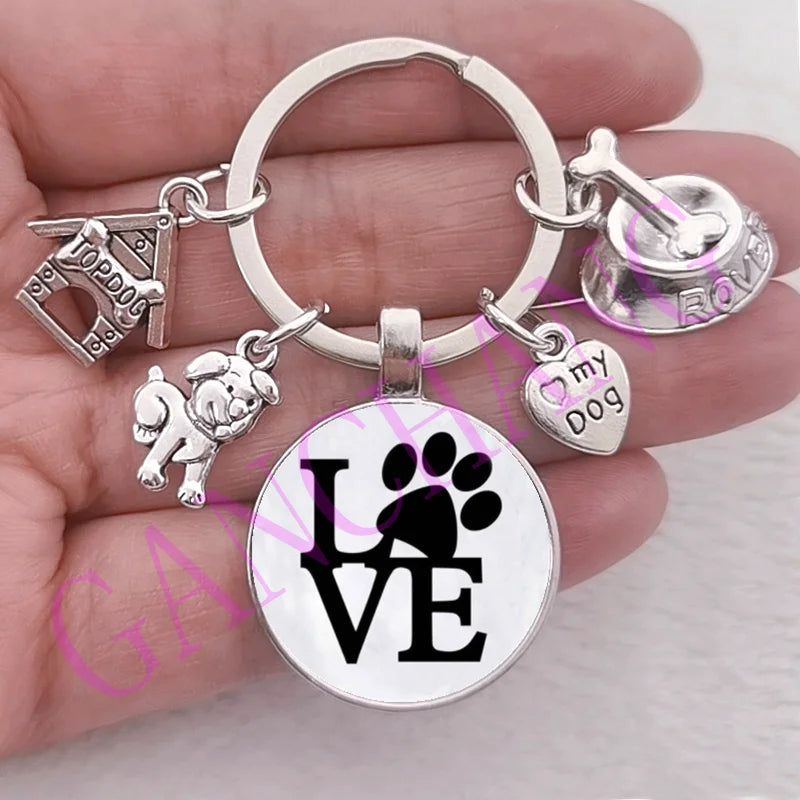 Cute Pet Dog Keychain Paw Dog Glass Cabochon KeyRing Top dog house Charms Keychains I Love my dog pendant keychain Gifts