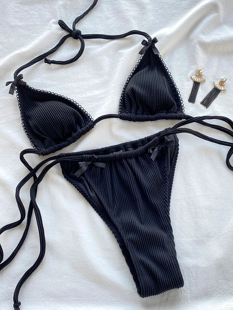 Mini Bowknot Bikinis Set for Women Patchwork Swimsuit Summer Beach Wear brown Thong Swimwear Swimming Bathing Suit 2024